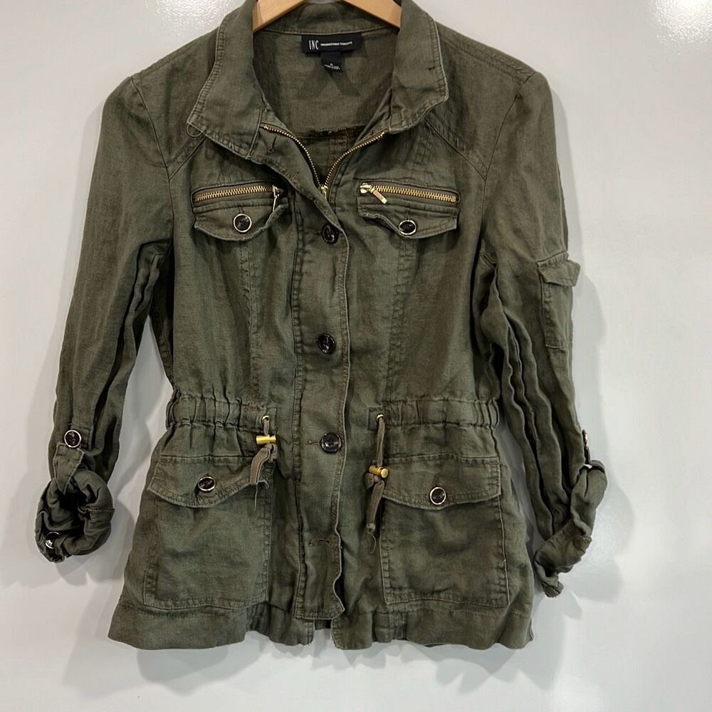 INC International Linen Military Jacket Green S